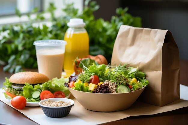 Foto un tavolo con un'insalata e una borsa di insalata