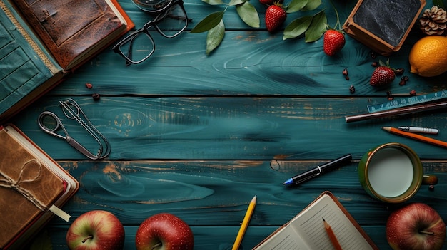 table with school supplies teachers day background