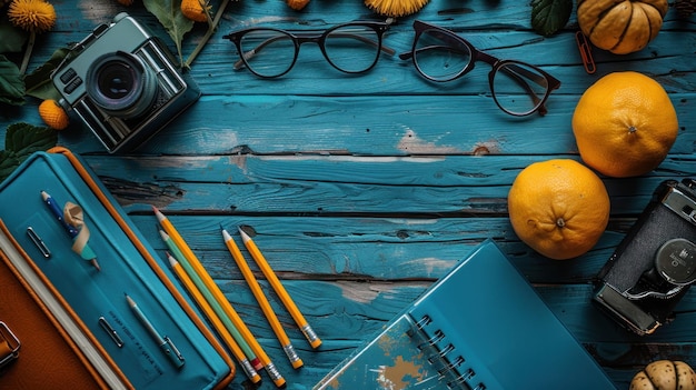 Photo table with school supplies teachers day background