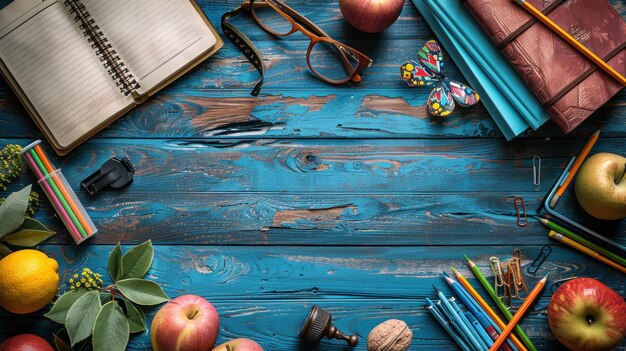 Photo table with school supplies teachers day background