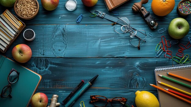 table with school supplies teachers day background