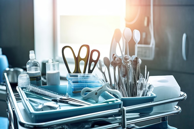 A table with a set of medical instruments and a pair of scissors.