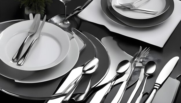 a table with a set of silverware and a plate with spoons on it