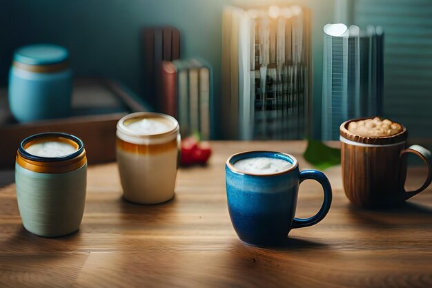 A table with several coffee cups and cups on it