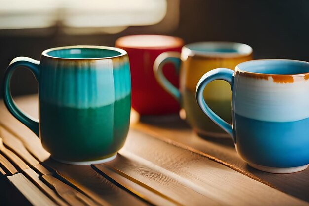 a table with several colorful mugs and one that says quot blue quot
