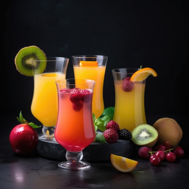 A table with several glasses of fruit and a black background