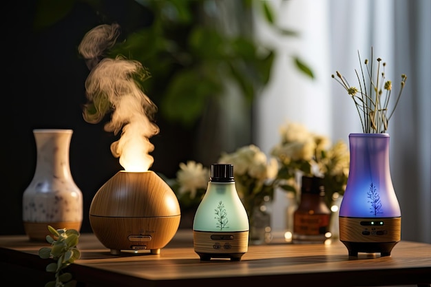 A table with several vases with a christmas tree on it.