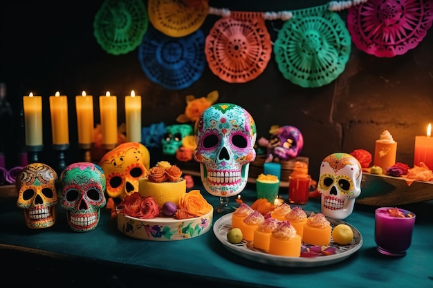 A table with a skull and cupcakes on it