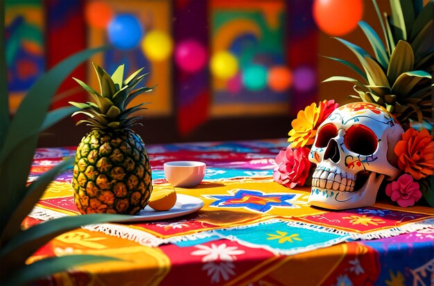 Photo a table with a skull and a pineapple on it