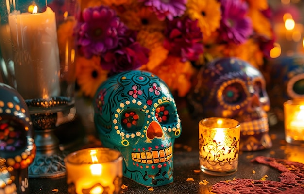 a table with skulls flowers and a candle