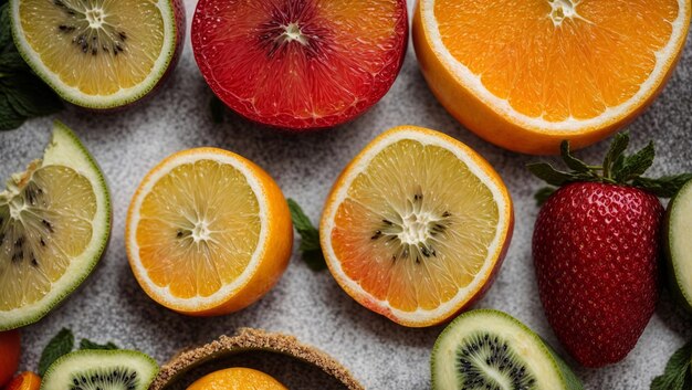 Photo table with sliced oranges kiwis and strawberries