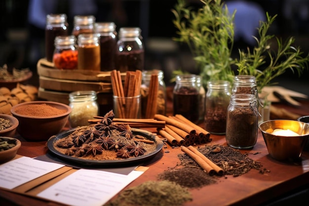 a table with spices and spices including a sign that says " spices ".