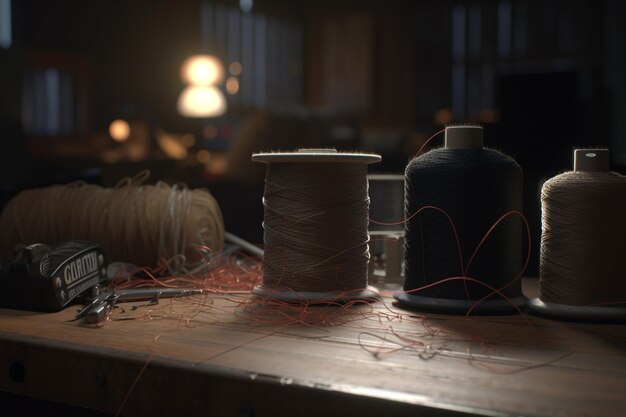 Photo a table with a spool of thread and a spool of thread on it