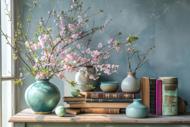 Table with stack of books flowers and spring decor Generative AI