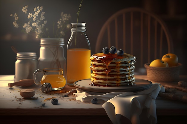 팬케이크 더미와 꿀 한 병이 있는 테이블.