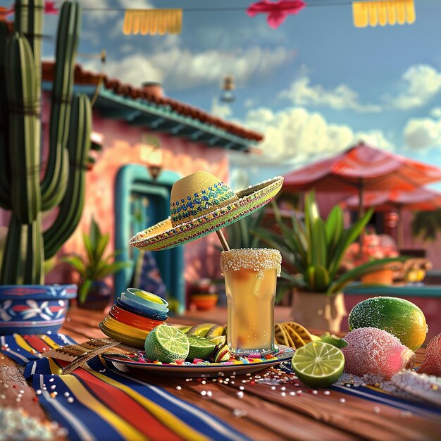 Photo a table with a straw hat and a plate of fruit and a cactus