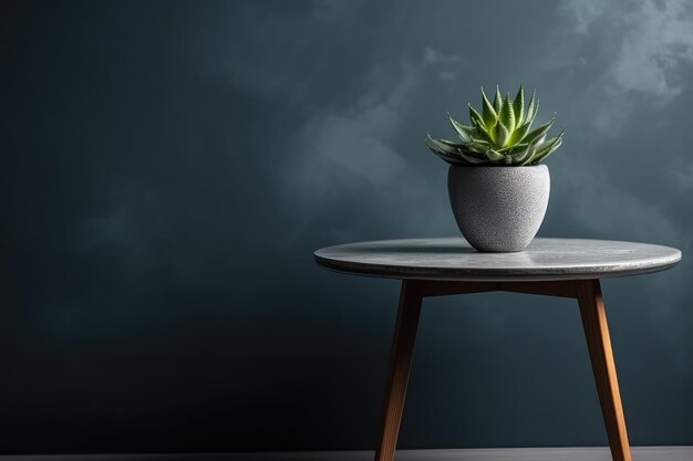 Table with succulent plant in flower pot agianst bright gray wall AI