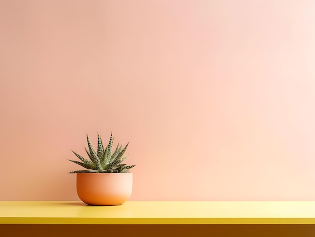 Table with succulent plant in flower pot agianst bright pastel wallAi generative