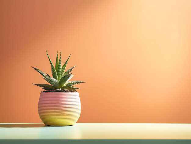 Table with succulent plant in flower pot agianst bright pastel wallAi generative