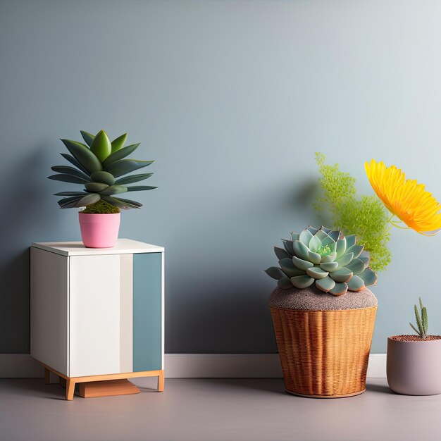 Photo table with succulent plant in flowerpot agianst bright grey wall