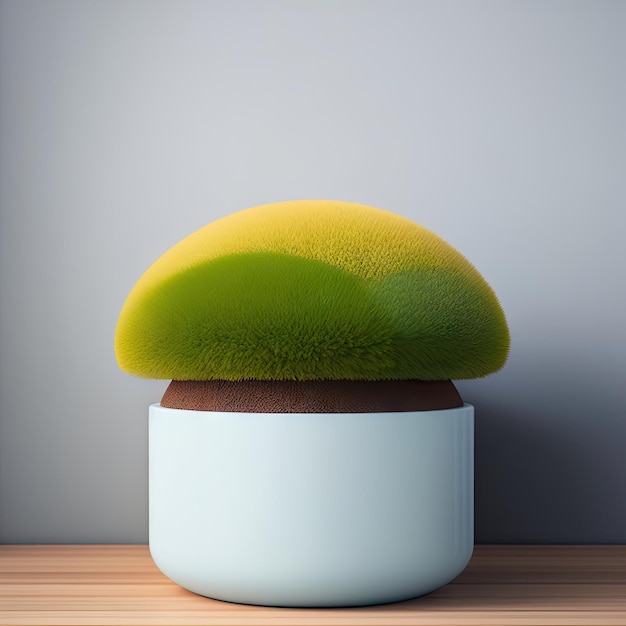 Table with succulent plant in flowerpot agianst bright grey wall