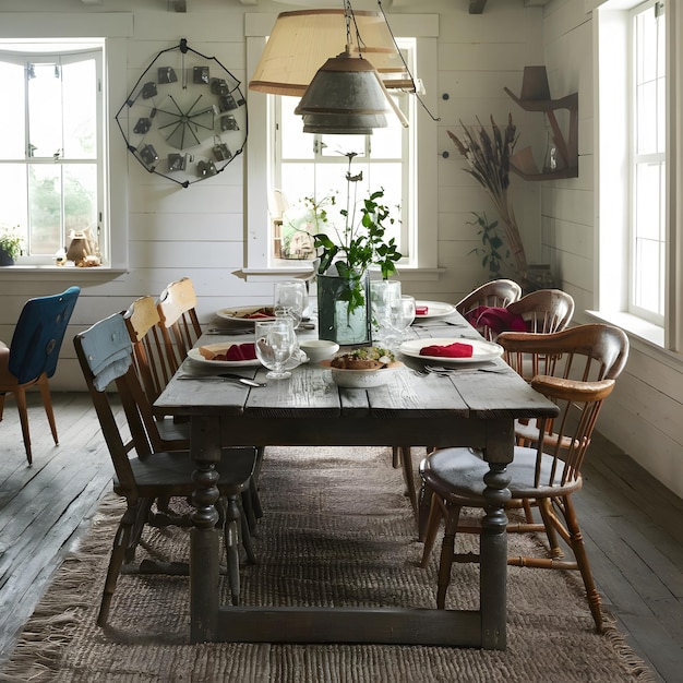 a table with a table and chairs and a lamp hanging from the ceiling