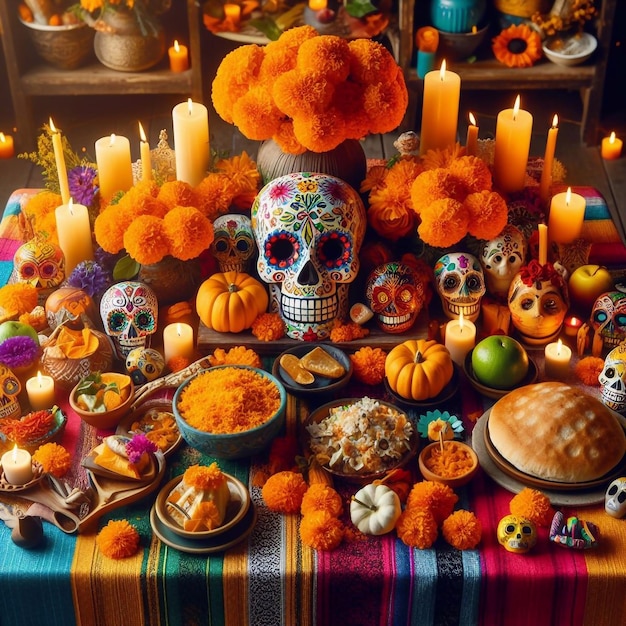 a table with a table cloth with skulls flowers and candles