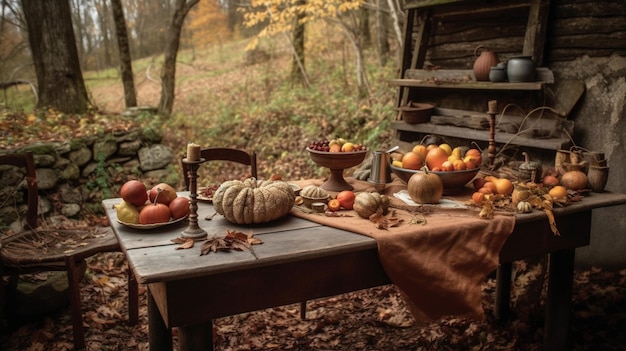 食べ物でいっぱいのテーブルと秋の風景。