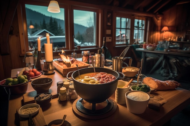 A table with a table full of food and a fire in the background