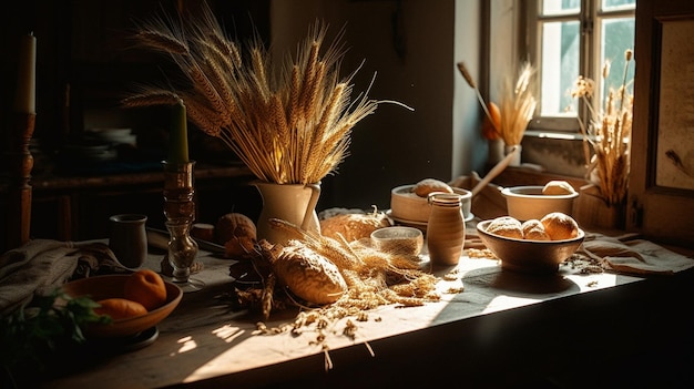 A table with a table full of food and a window with the sun shining through.