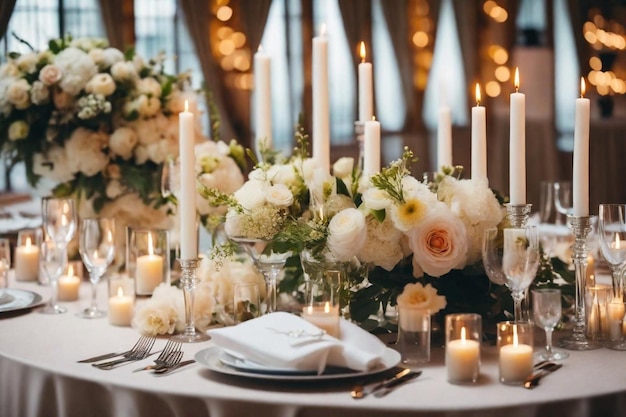 a table with a table set for a wedding with flowers and candles