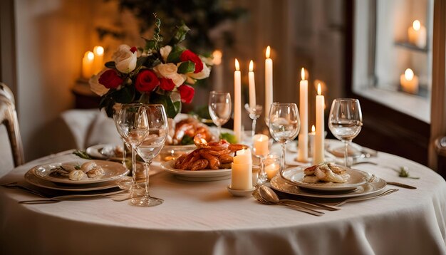 a table with a table with a table set for a meal with a flower arrangement on it