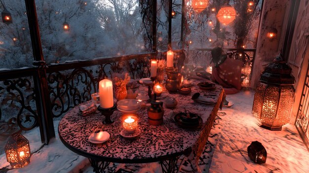 a table with a table with a table with candles and snow on it