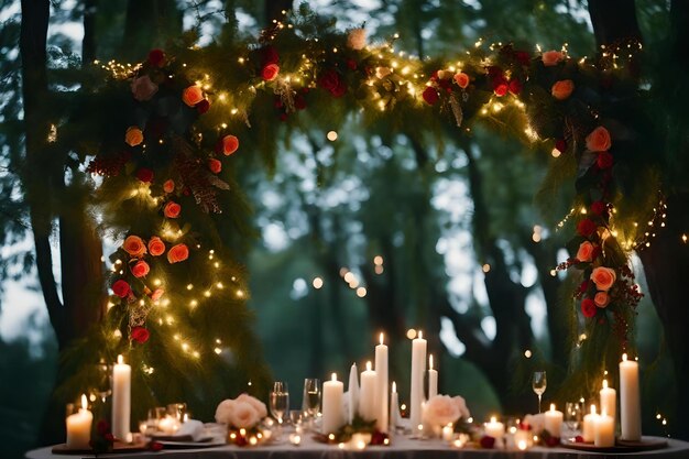 Photo a table with a table with a tablecloth and candles and a wreath with the words 