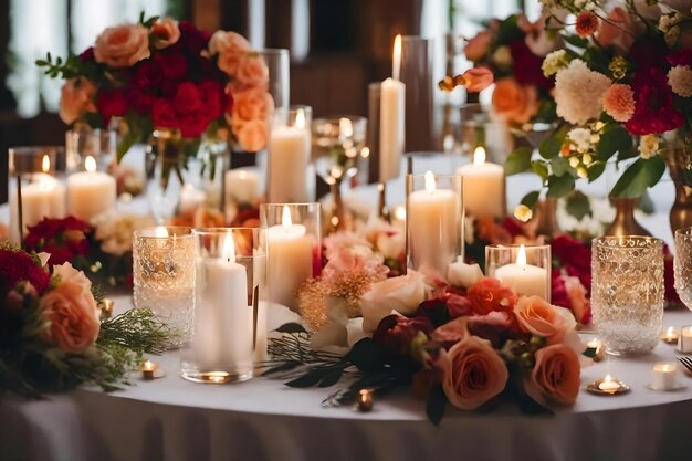 A table with a tablecloth and candles and flowers