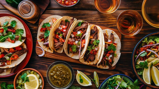 a table with tacos a bottle of beer and a bottle of beer