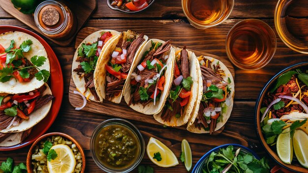 a table with tacos a bottle of beer and a bottle of beer