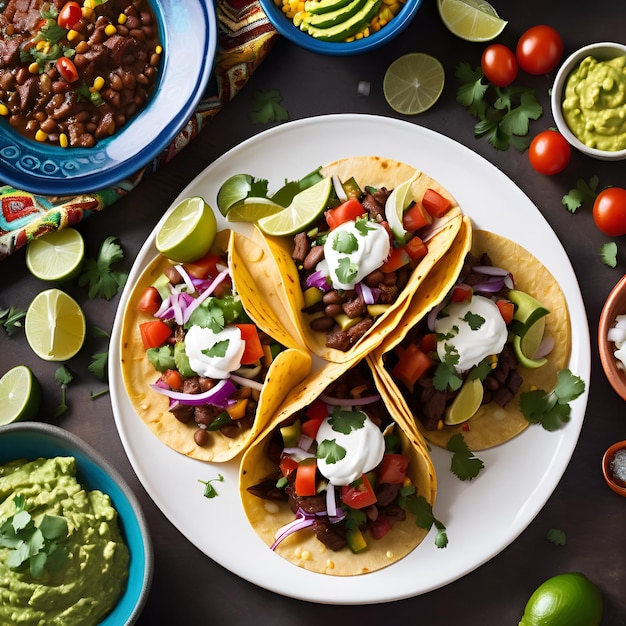 a table with tacos corn and salsa on it