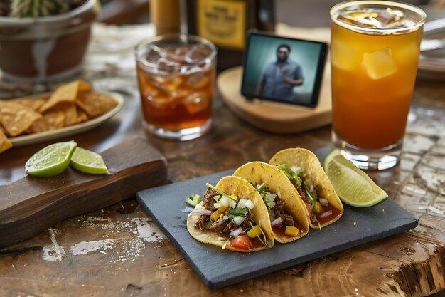 a table with tacos a drink and a picture of a man on the screen