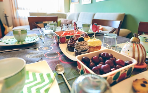 Table with tasty breakfast for party fun