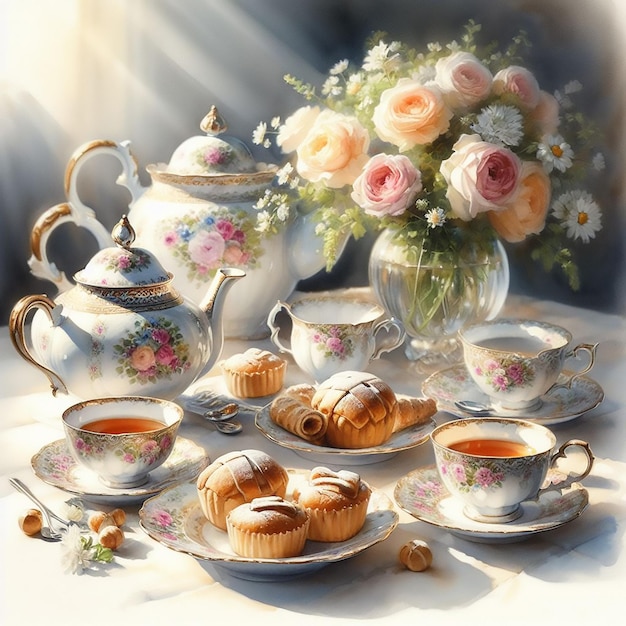 a table with tea and cup of tea and a vase with flowers