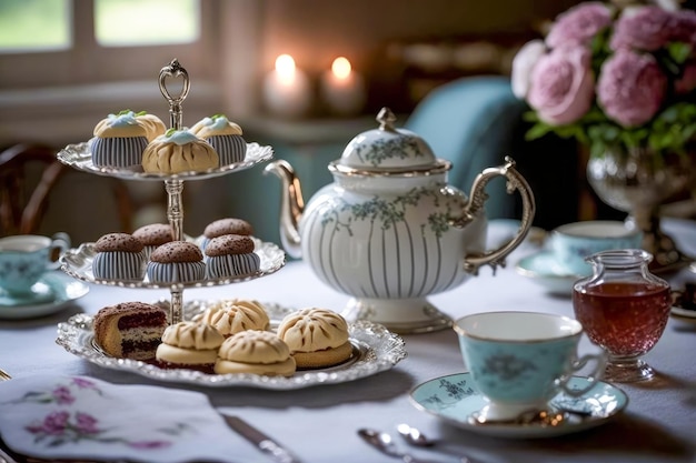 Table with tea cups and pastries on it Generative AI