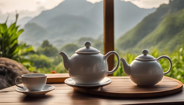 Photo a table with tea cups and tea cups on it