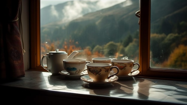 A table with tea cups and tea cups on it