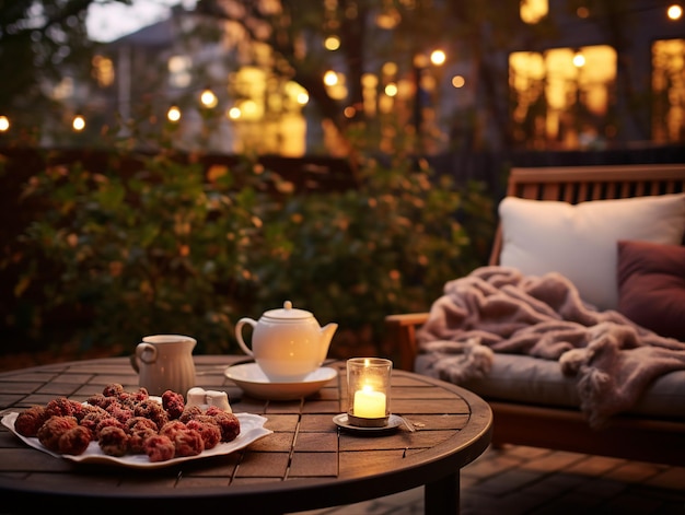 a table with a tea set and a candle