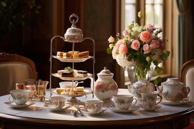 A table with a tea set and a tea set with a tea set on it.