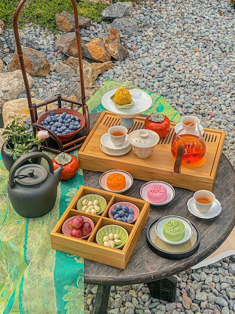 A table with a tea set and a teapot with different foods on it.