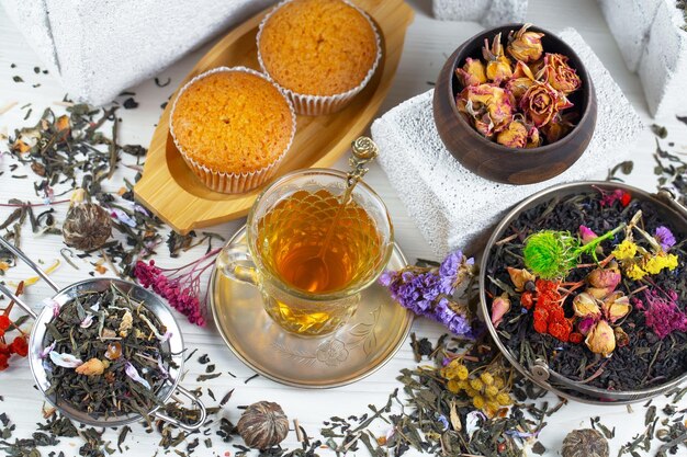 A table with tea and teas on it