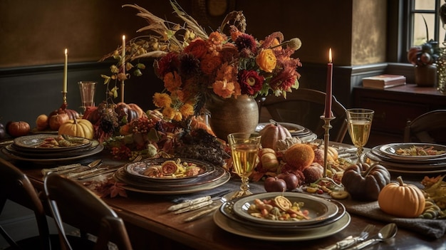 A table with a thanksgiving table with a candle and a vase of flowers.