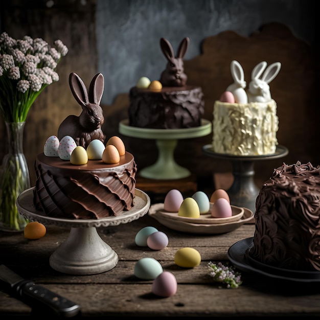 A table with three cakes and a bunch of easter eggs on it.